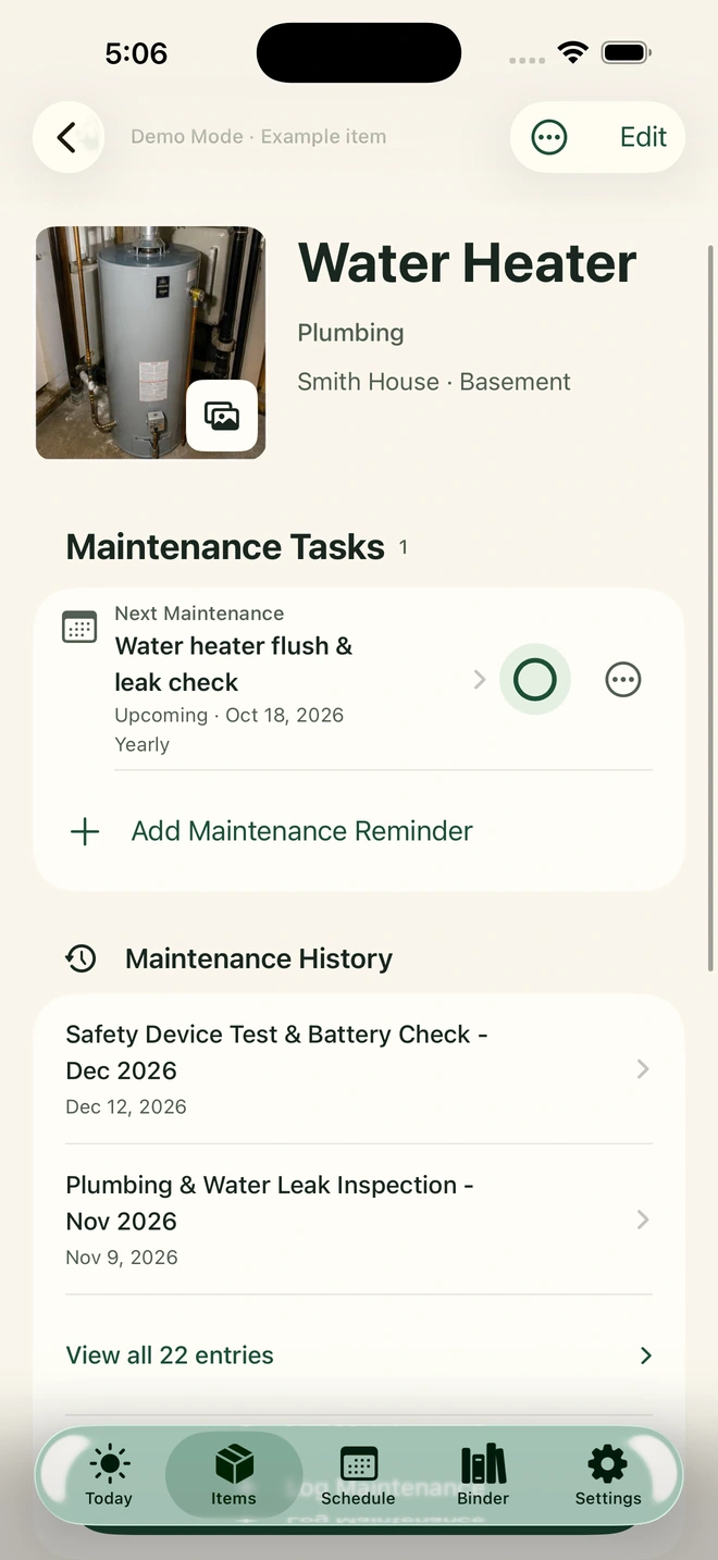 Approved Around The House iPhone water heater record, with an upcoming maintenance task and maintenance history.