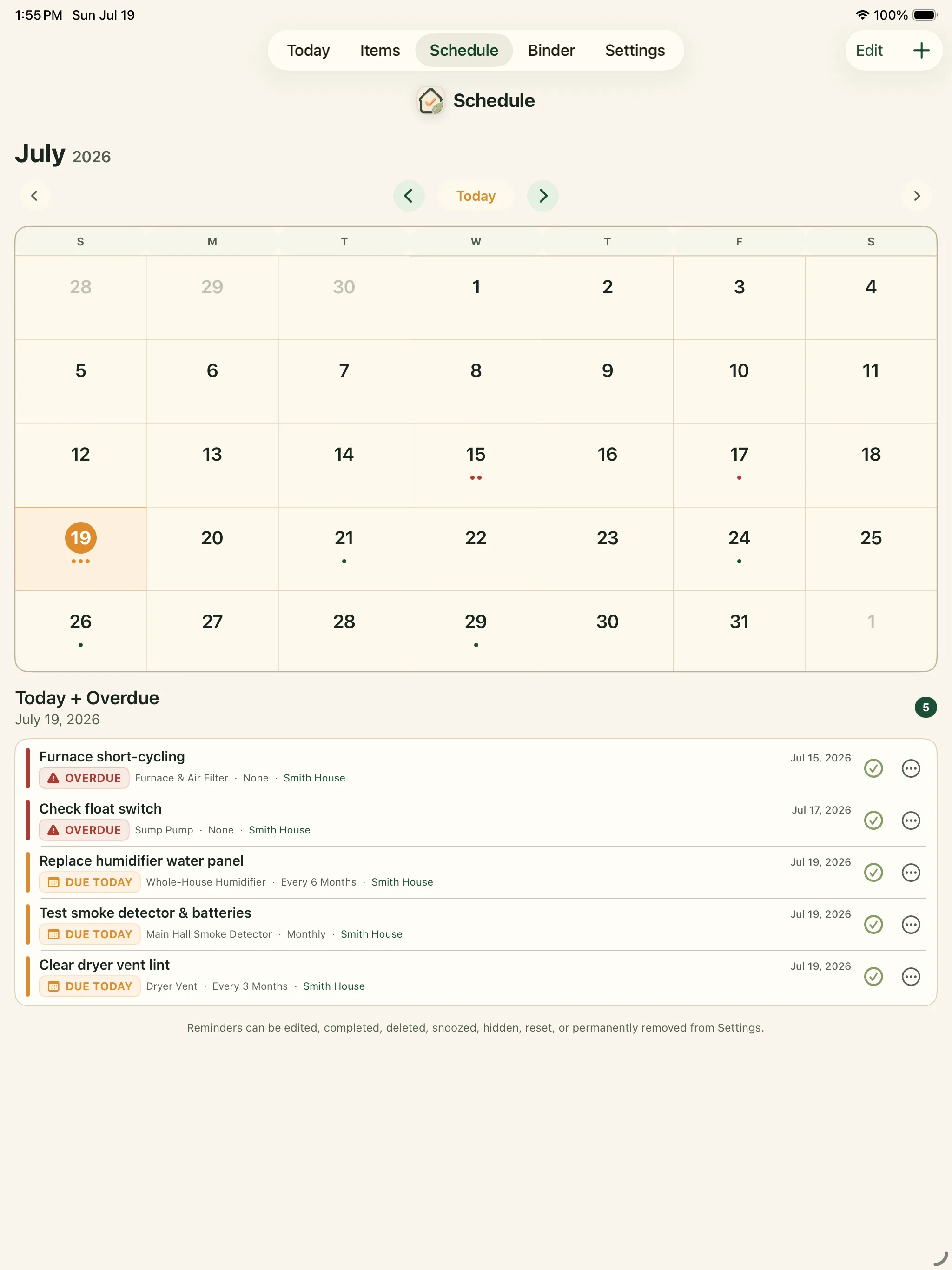 Around The House maintenance schedule on iPad
